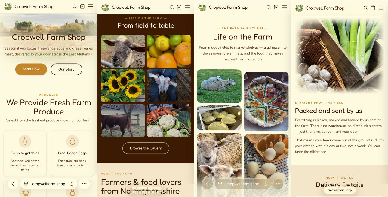 Four pages of the new Cropwell Farm Shop website - homepage, shop, product detail and account pages
