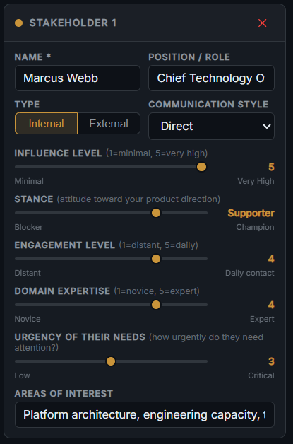 A stakeholder card being completed in the interactive mapping tool
